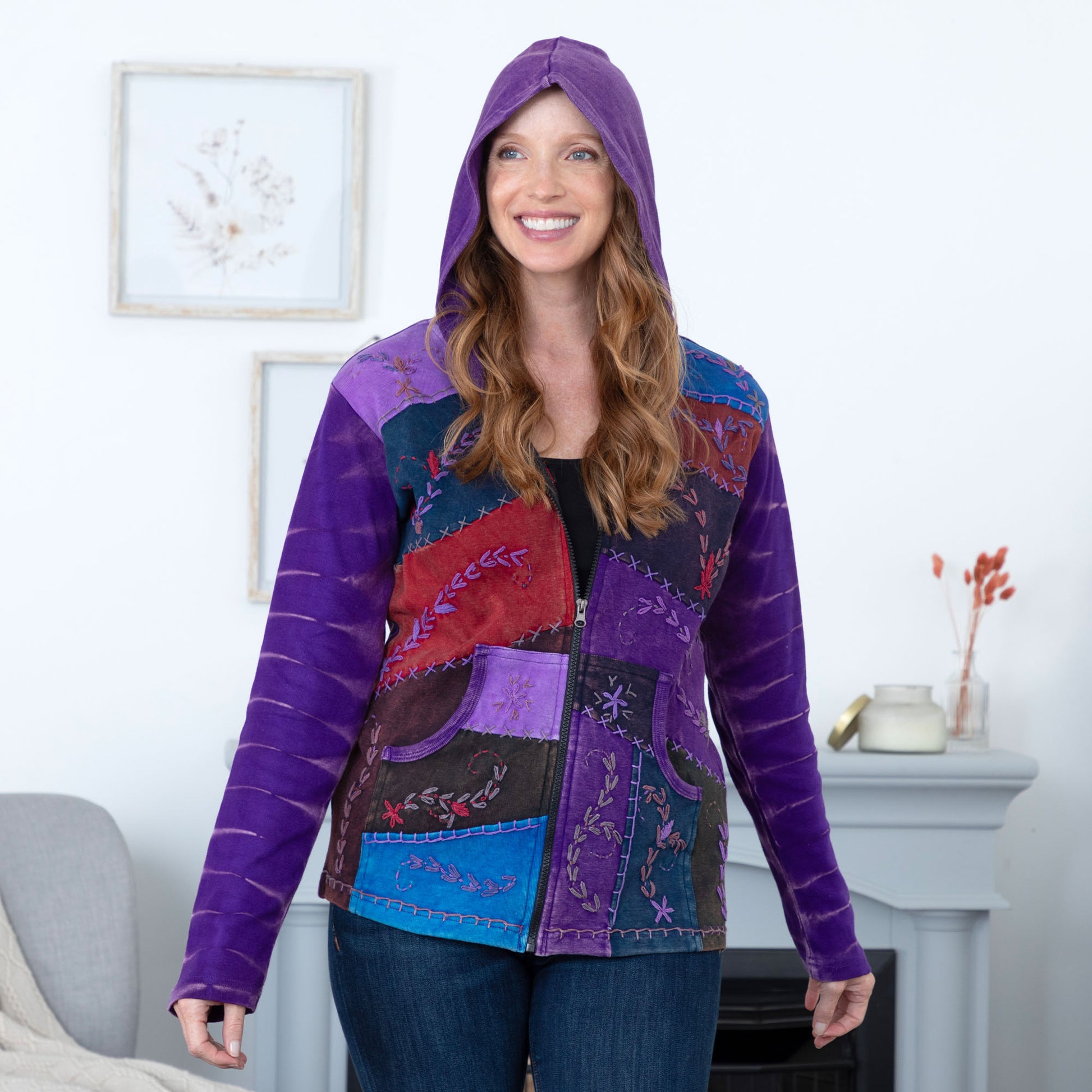 Patchwork Stitched Vine Hooded Jacket with Pockets Fair Trade