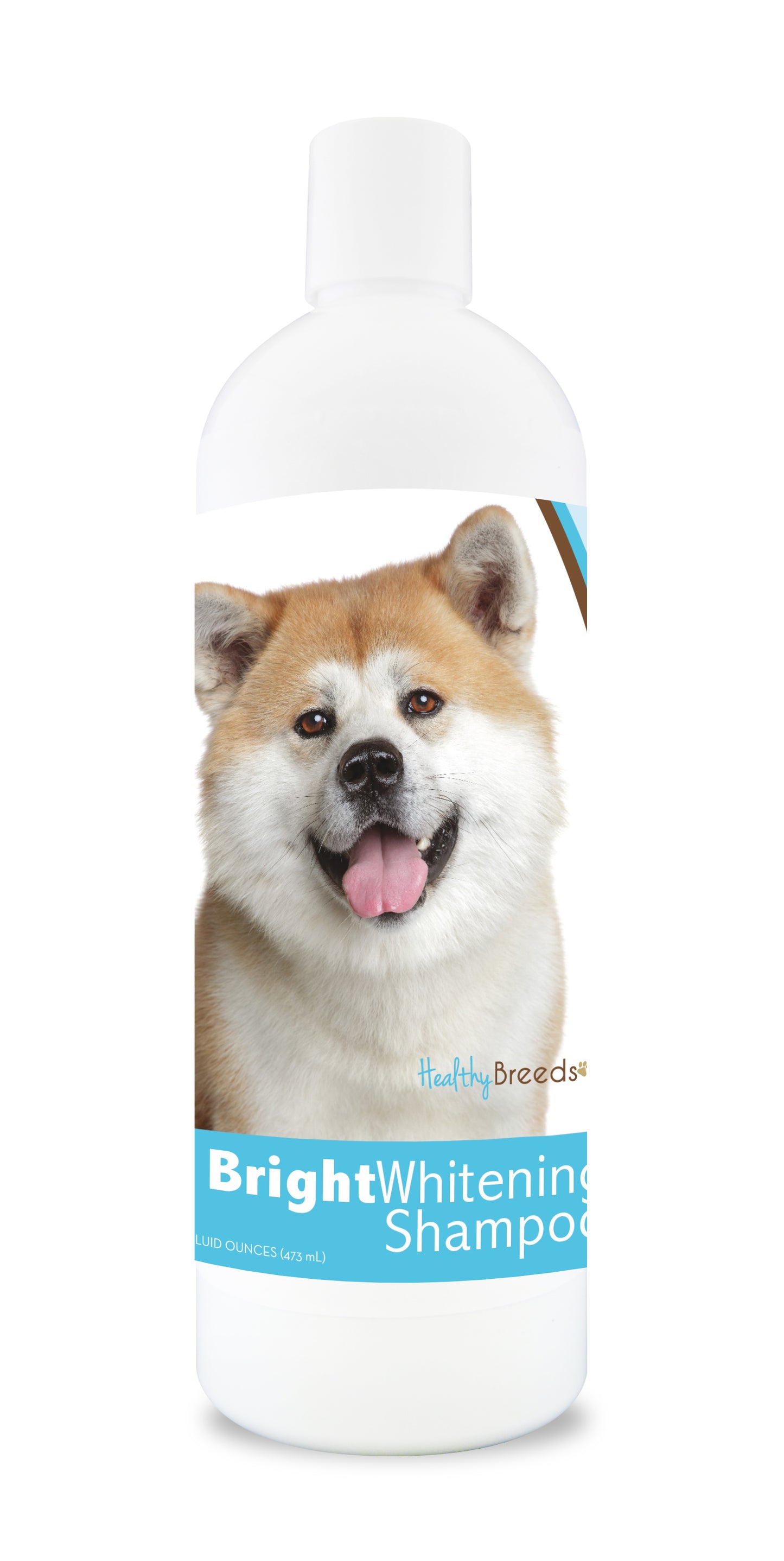 Bottle of bright whitening shampoo featuring a smiling akita dog on the label.