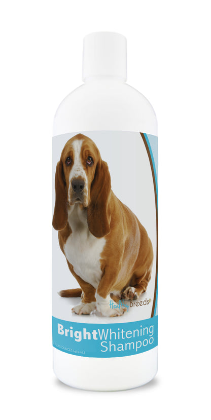 Bottle of bright whitening shampoo featuring a basset hound dog's face on the label.