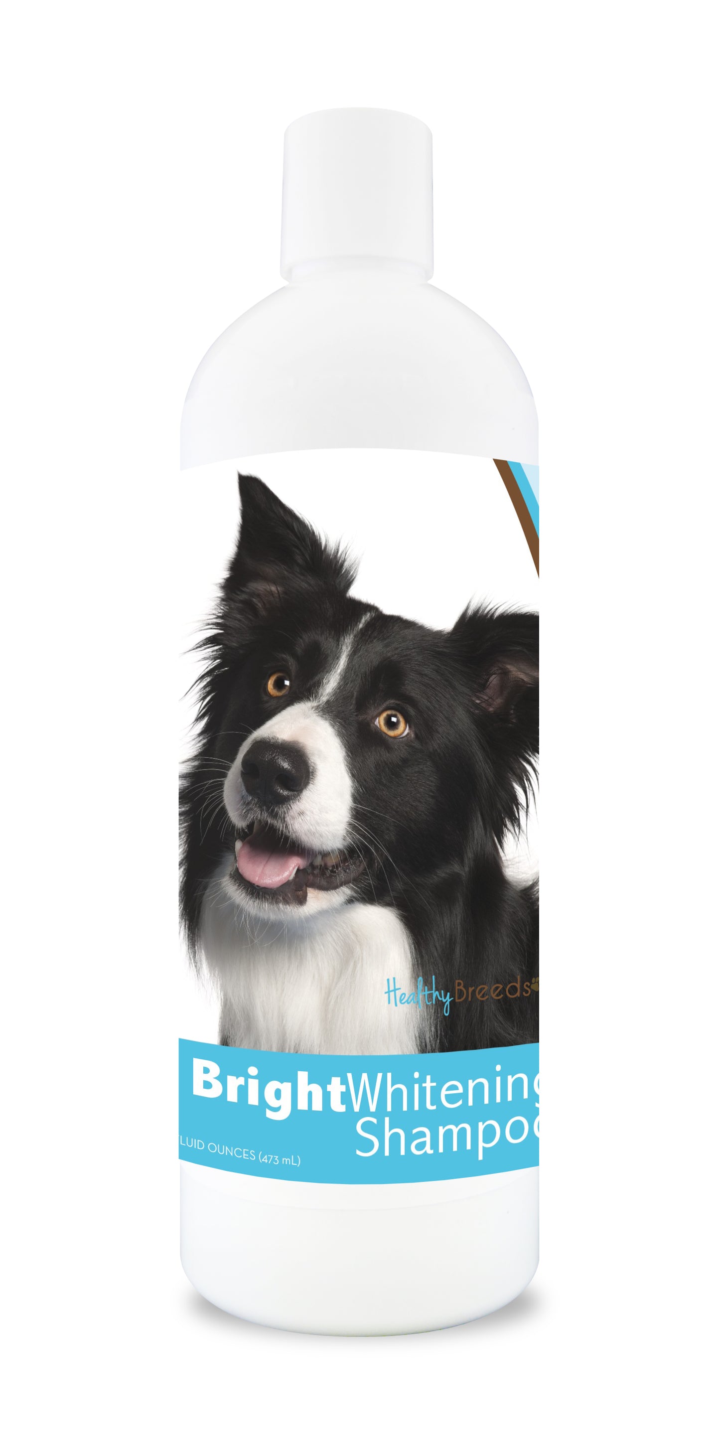 Bottle of bright whitening shampoo featuring a smiling dog's face on the label.