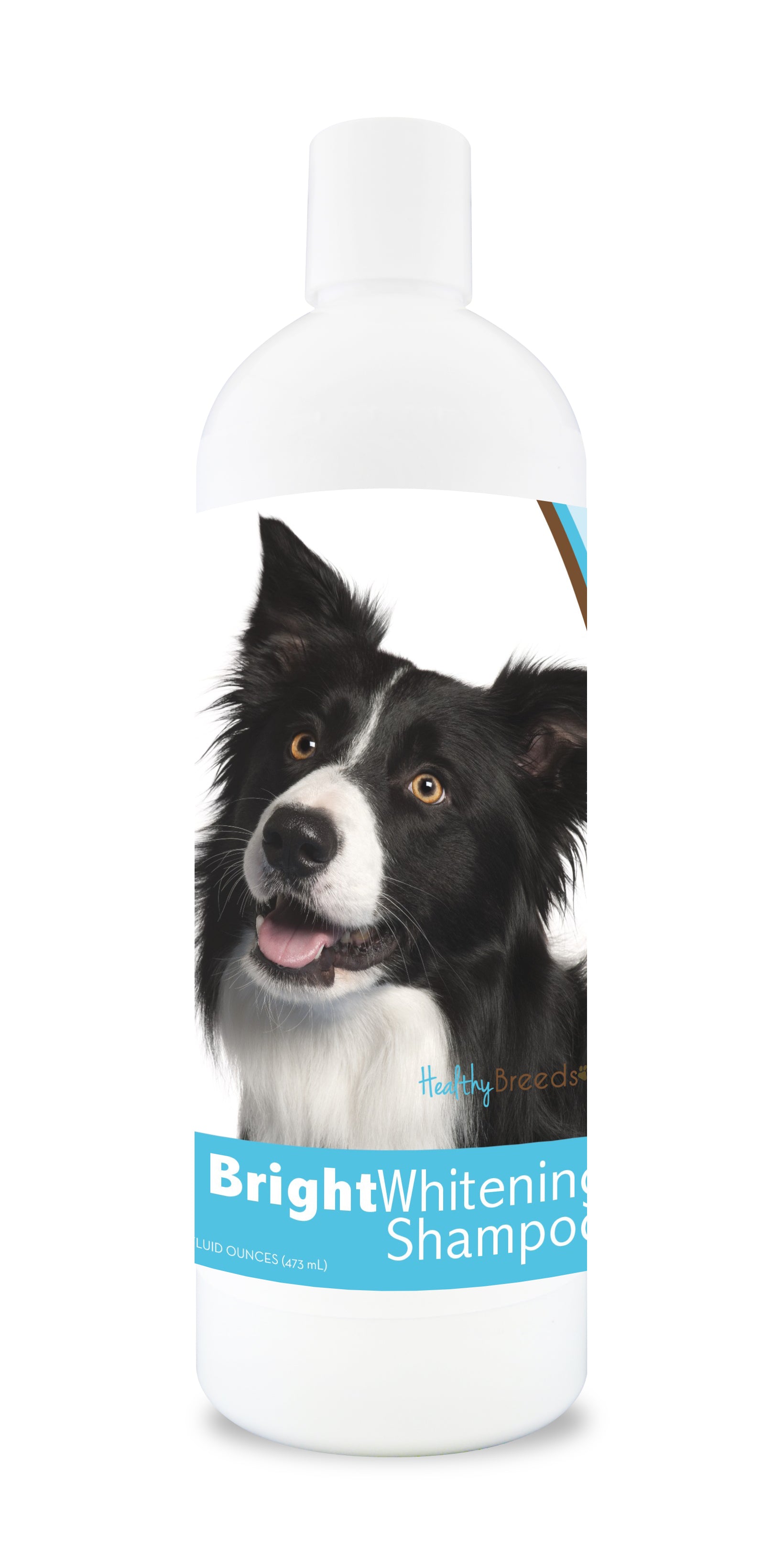 Bottle of bright whitening shampoo featuring a smiling dog's face on the label.