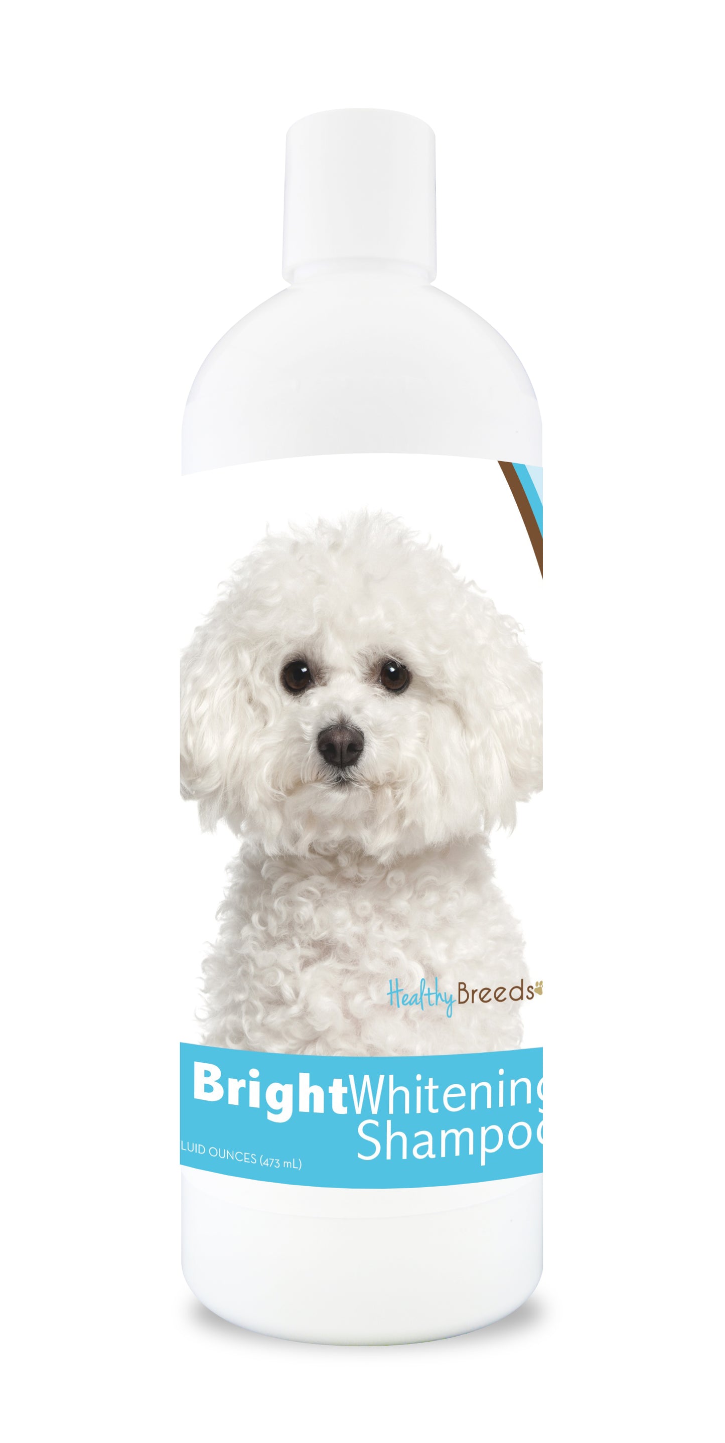 Bottle of bright whitening shampoo featuring a smiling dog on the label.