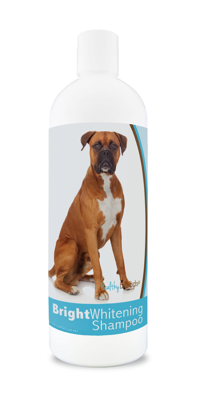 Bottle of bright whitening shampoo featuring a sitting boxer dog on the label.