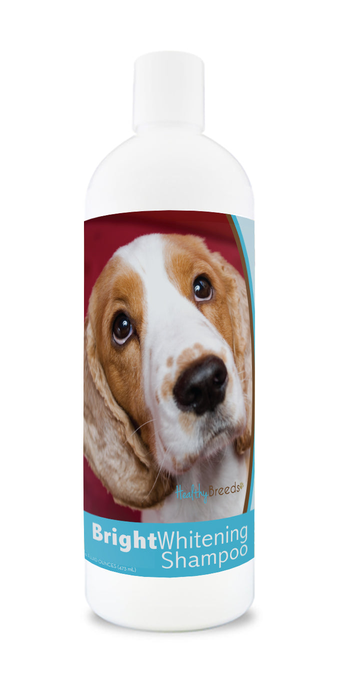 Bottle of bright whitening shampoo featuring a dog's face on the label.