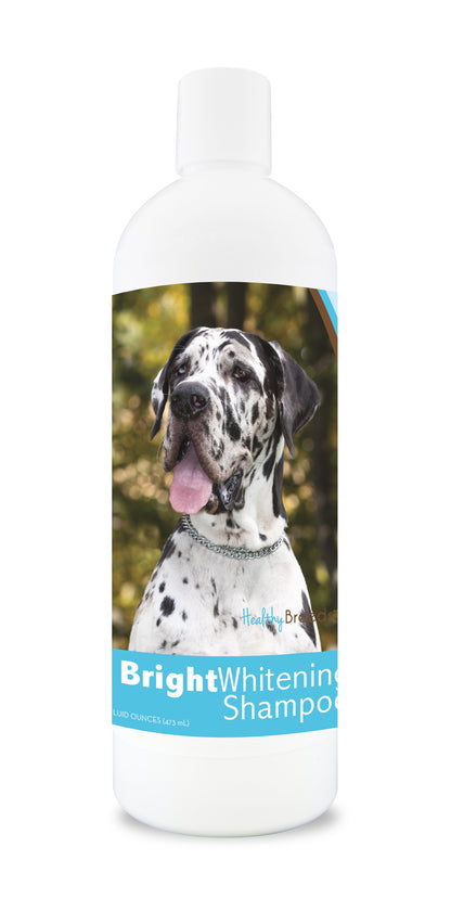 Bottle of bright whitening shampoo featuring a great dane's face on the label.