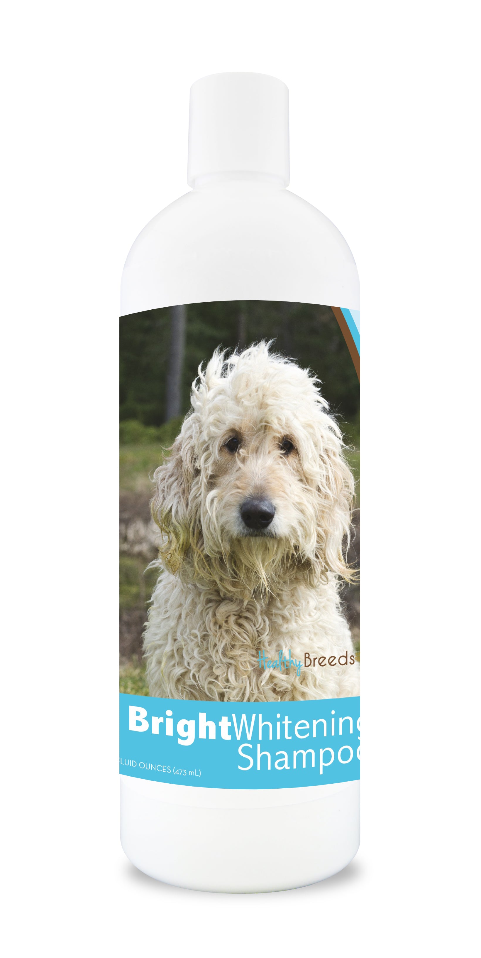 Bottle of bright whitening shampoo featuring a smiling dog's face on the label.