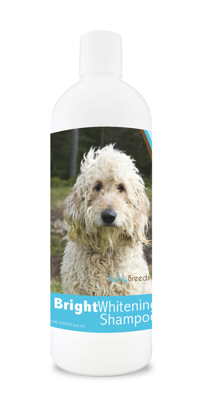 Bottle of bright whitening shampoo featuring a smiling dog's face on the label.