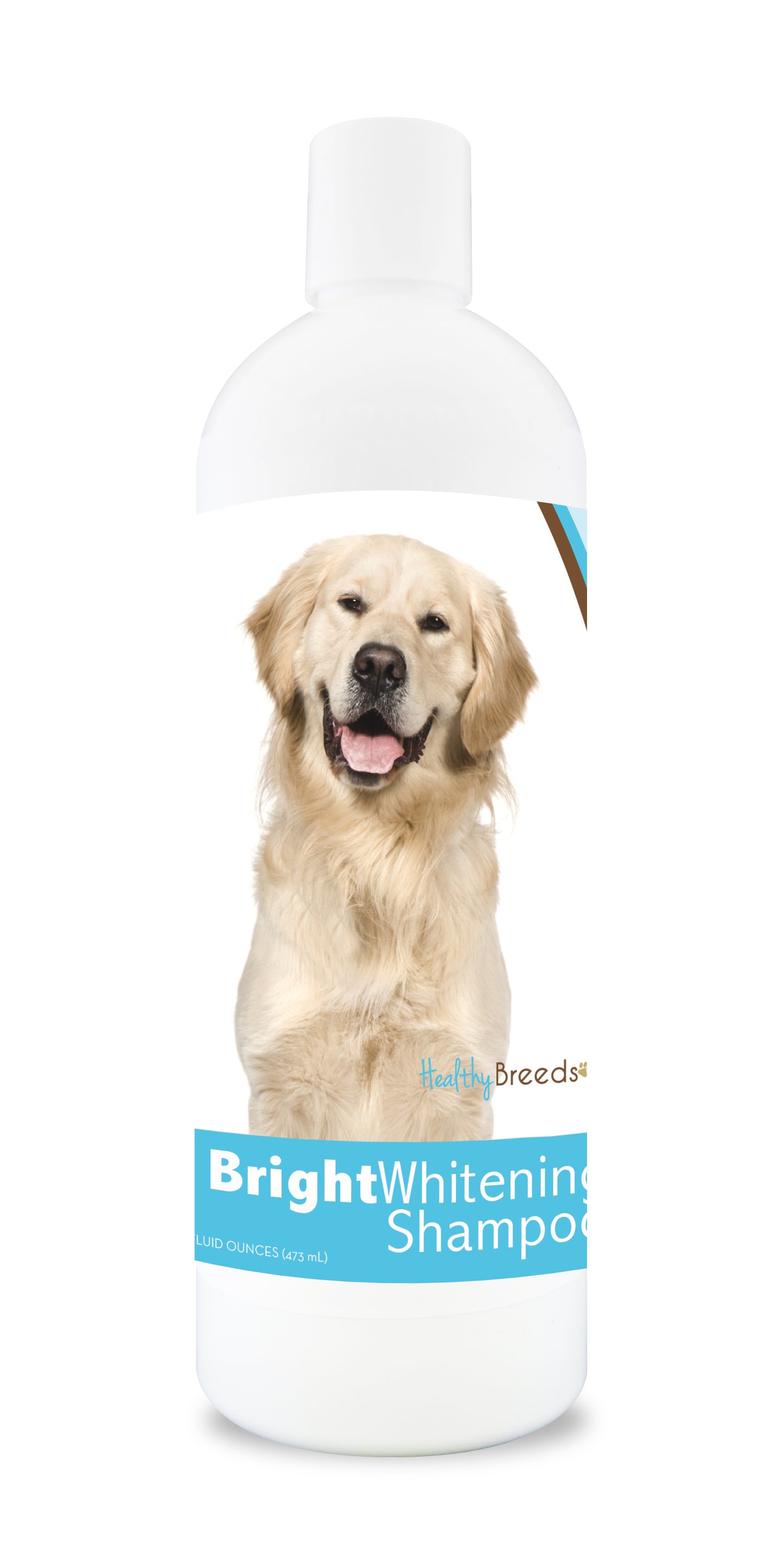 Bottle of bright whitening shampoo featuring a smiling golden retriever dog's face on the label.