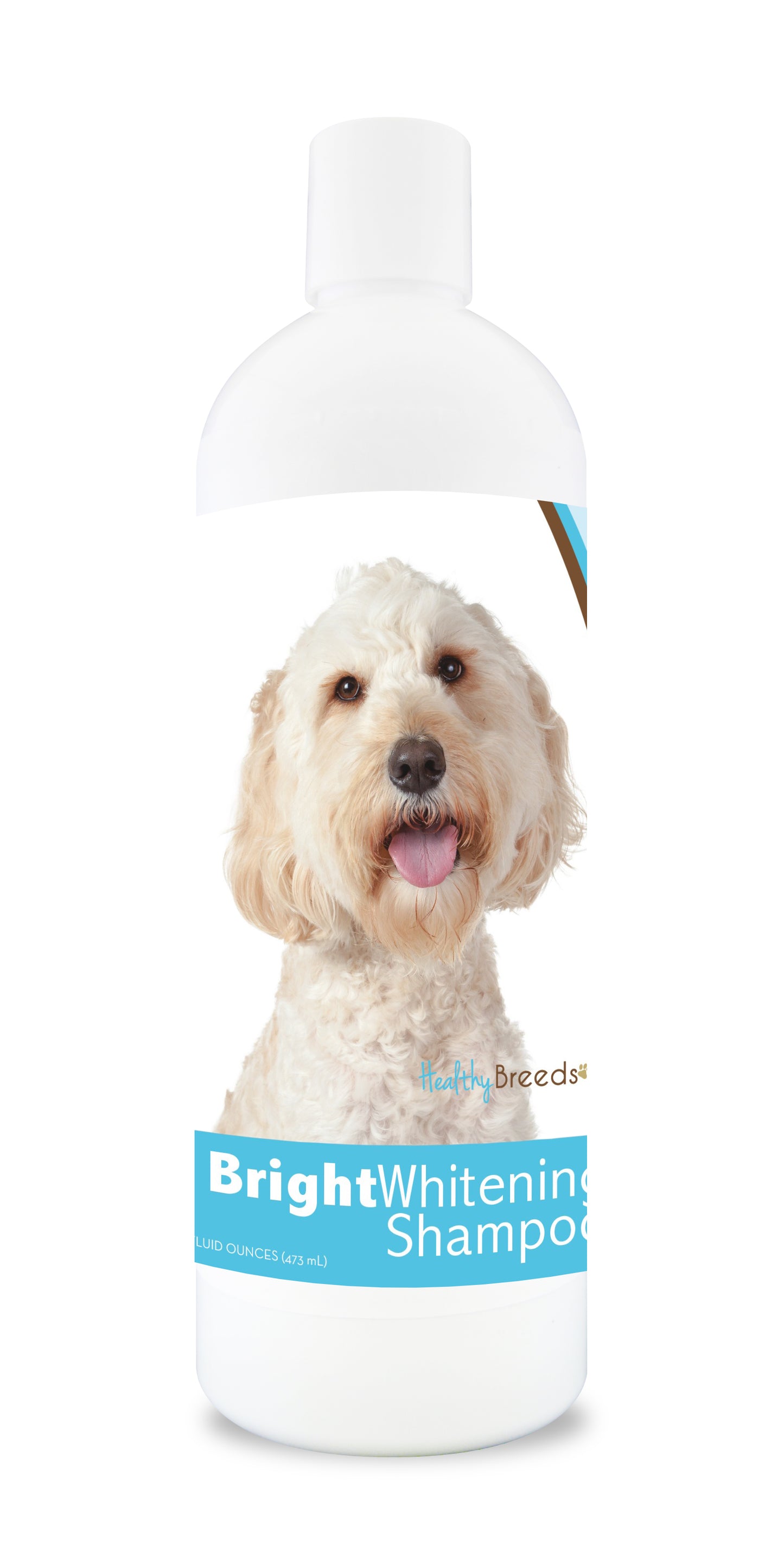 Bottle of bright whitening shampoo featuring a smiling dog on the label.