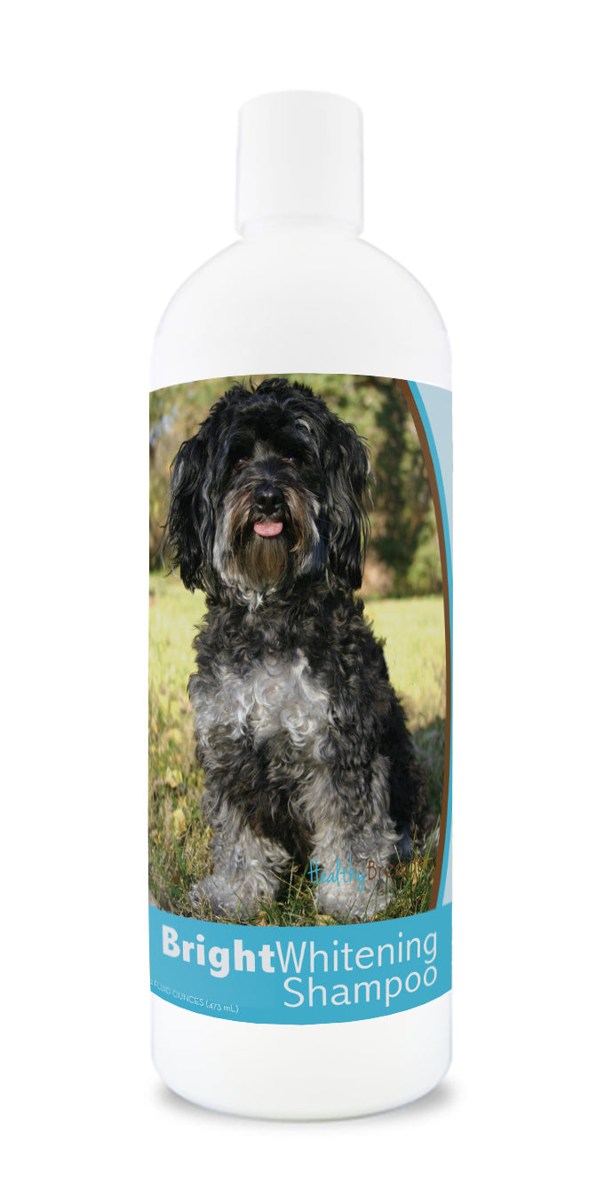 Bottle of bright whitening shampoo featuring a maltipoo dog on the label.