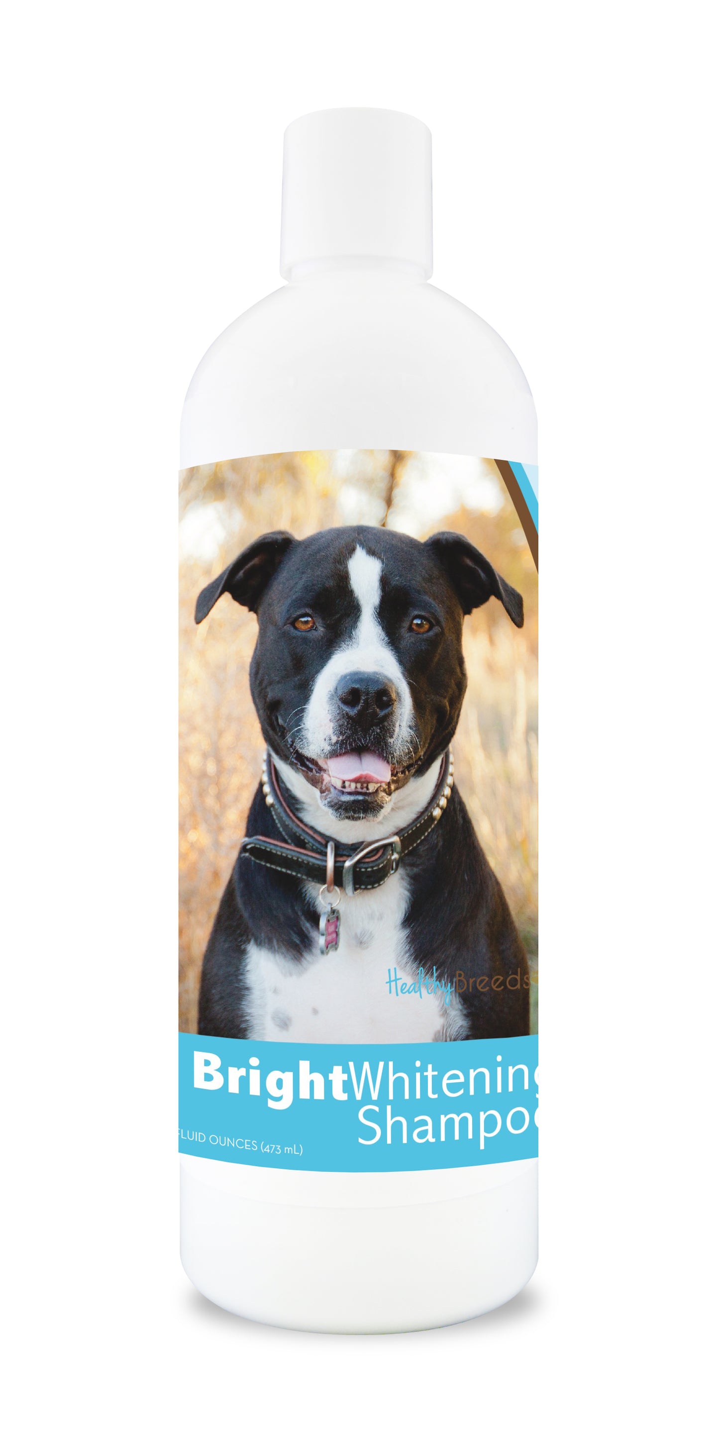 Bottle of bright whitening shampoo featuring a smiling dog's face on the label.
