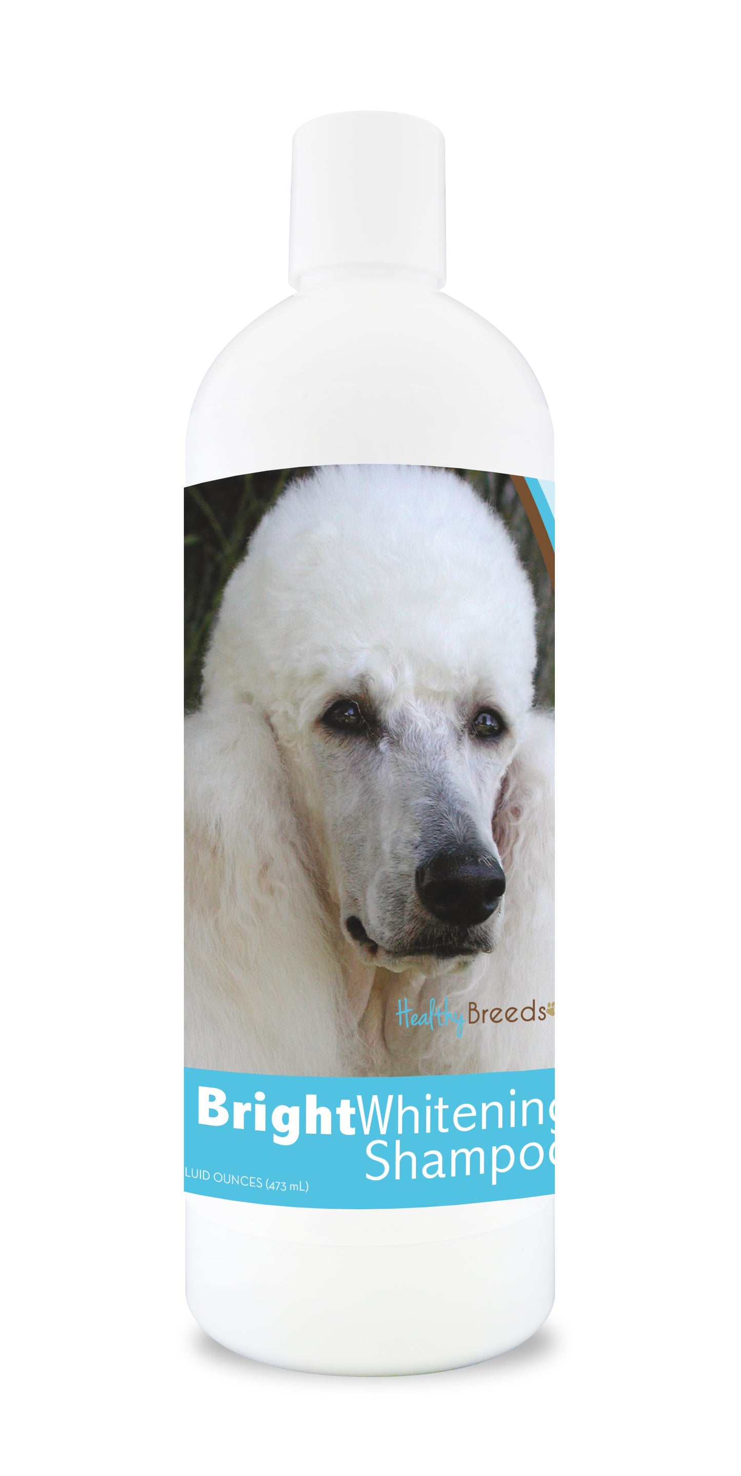 Bottle of bright whitening shampoo featuring a poodle's face on the label.