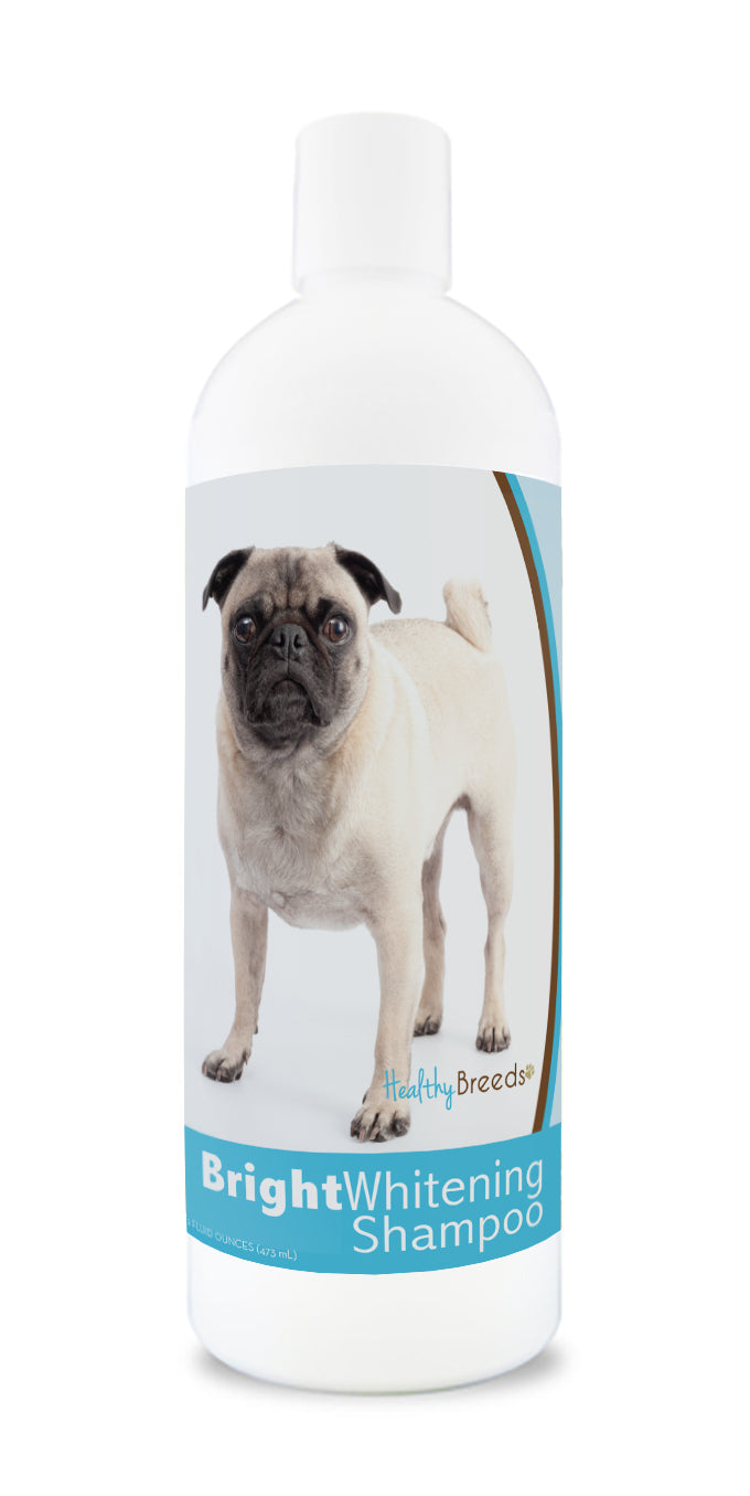 Bottle of bright whitening shampoo featuring a pug's face on the label.