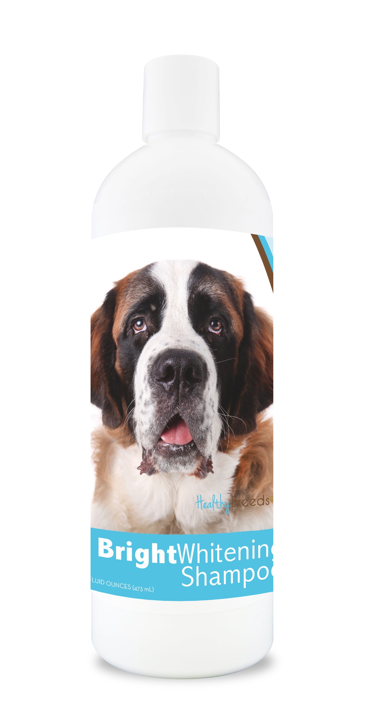 Bottle of bright whitening shampoo featuring a saint bernard dog on the label.