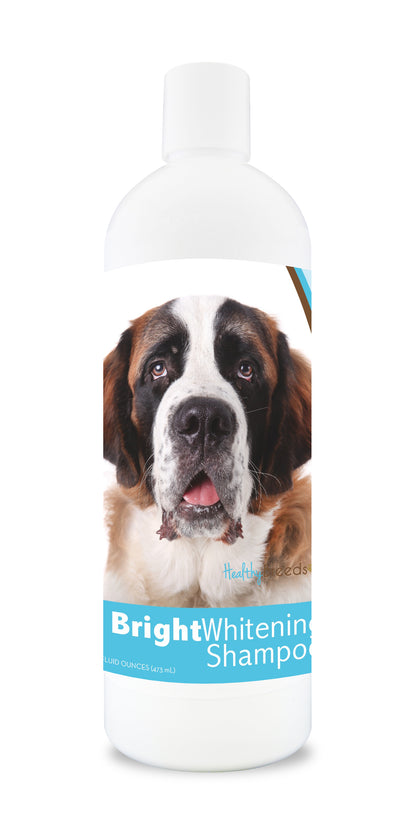 Bottle of bright whitening shampoo featuring a saint bernard dog on the label.