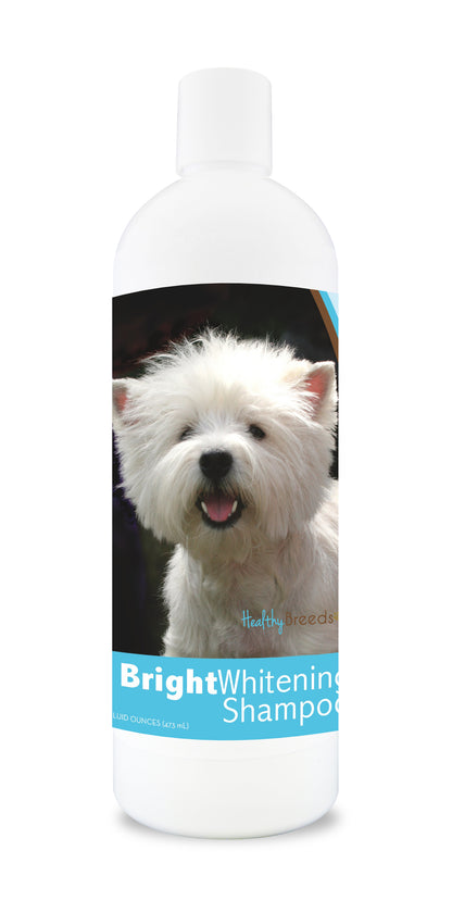 Bottle of bright whitening shampoo featuring a smiling dog's face on the label.