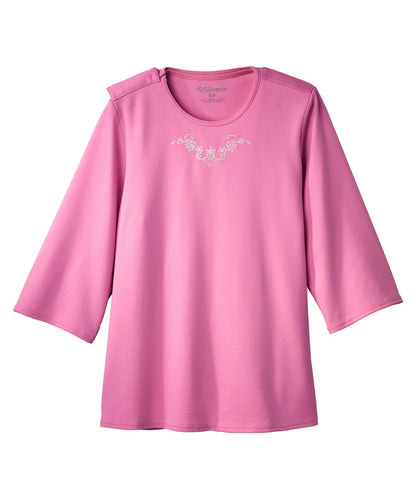 Women's Open Back 3/4 Length Sleeve Top with Embroidery