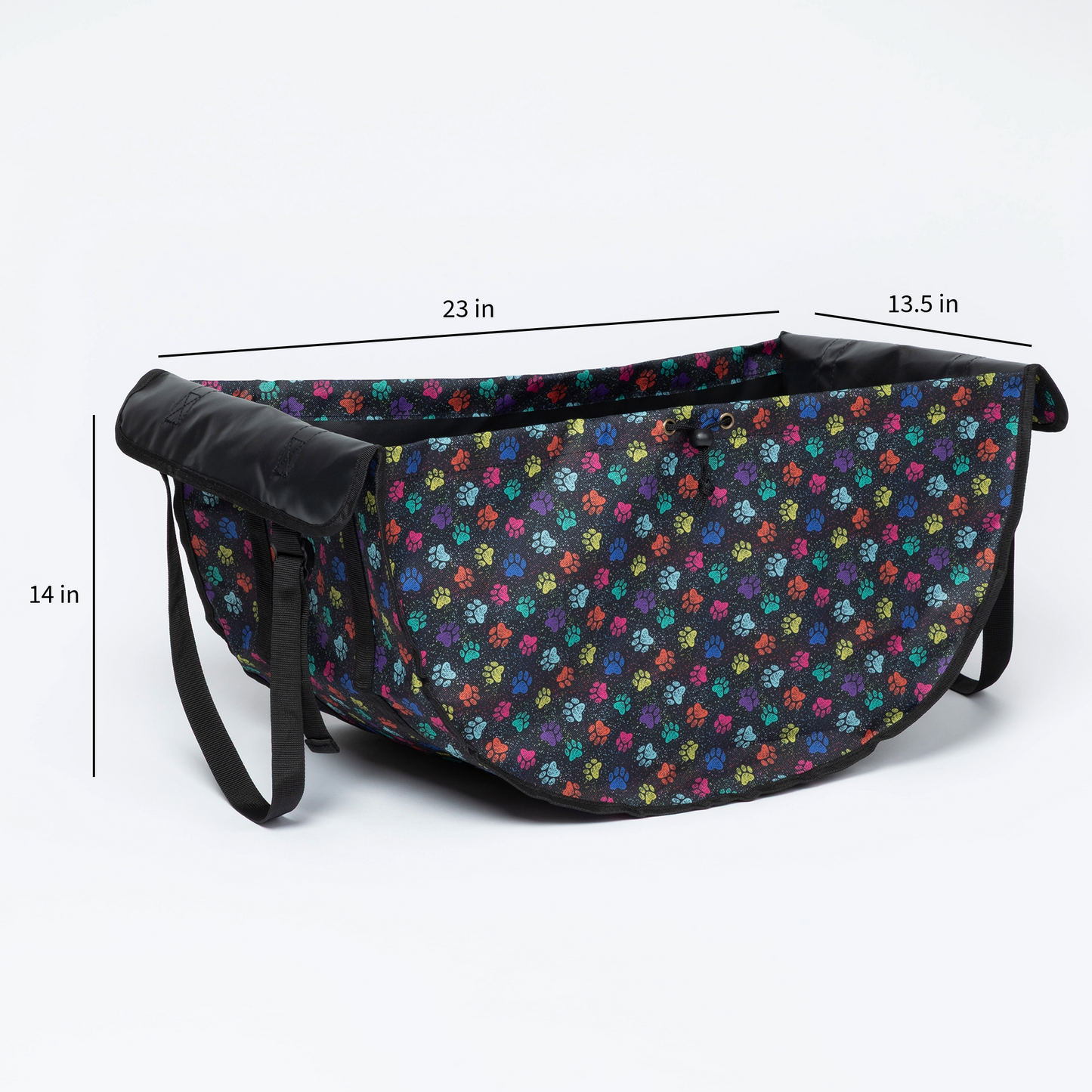 A car seat organizer bag shown on a light gray studio background with overlaid dimension lines and labels indicating 23 in width, 13.5 in width, and 14 in height.