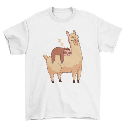 Sleeping Sloth Riding Llama Illustration T-Shirt