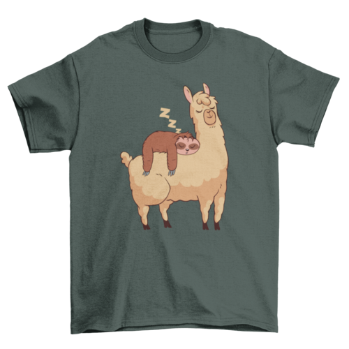 Sleeping Sloth Riding Llama Illustration T-Shirt