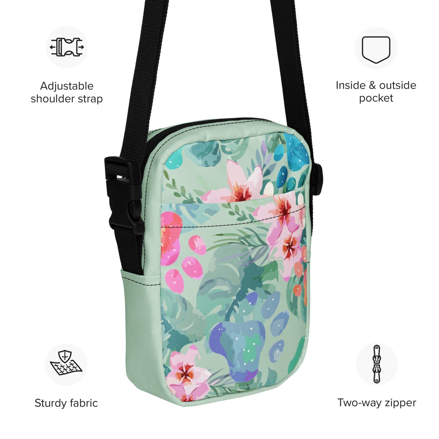 Floral patterned crossbody bag with features highlighted on a white background