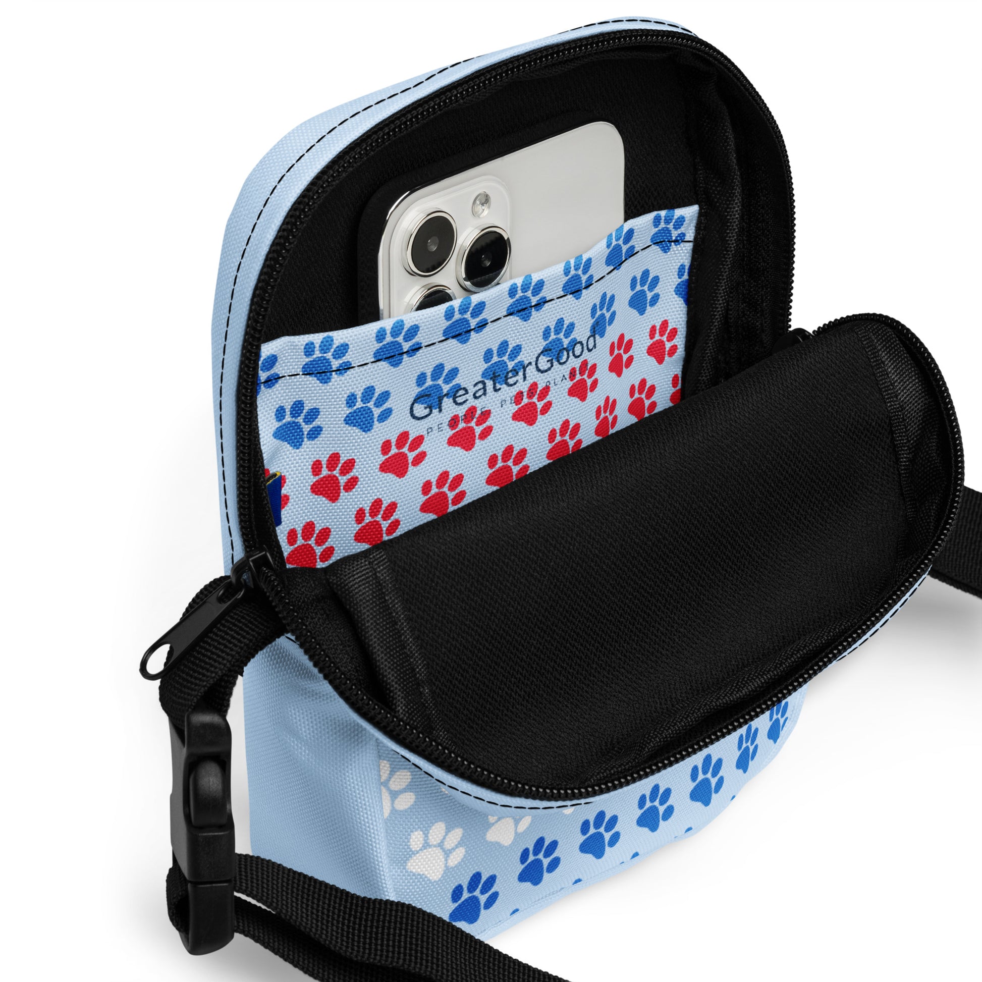 Small bag with a phone case featuring red and blue paw prints inside, on a white background.