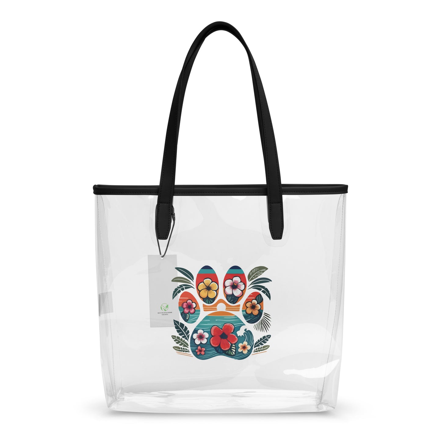 Hawaiian paw print design on a clear tote bag with black handles with a white background.