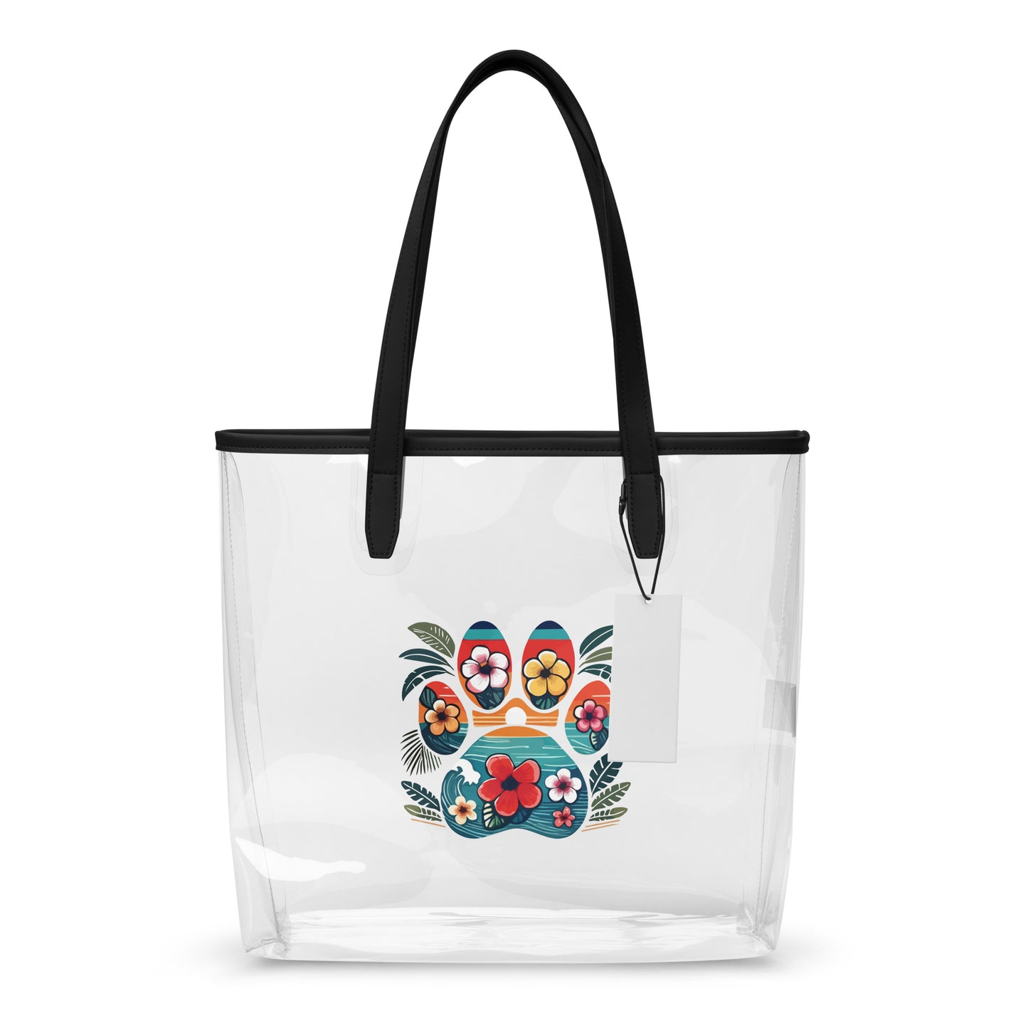 Hawaiian paw print design on a clear tote bag with black handles with a white background.