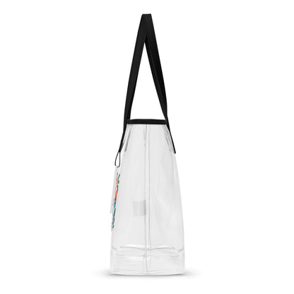 Side left view of a Hawaiian paw print design on a clear tote bag with black handles with a white background.