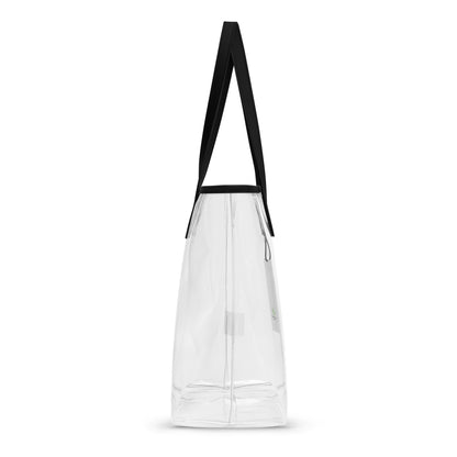 Side view of a clear tote bag with black handles with a white background.