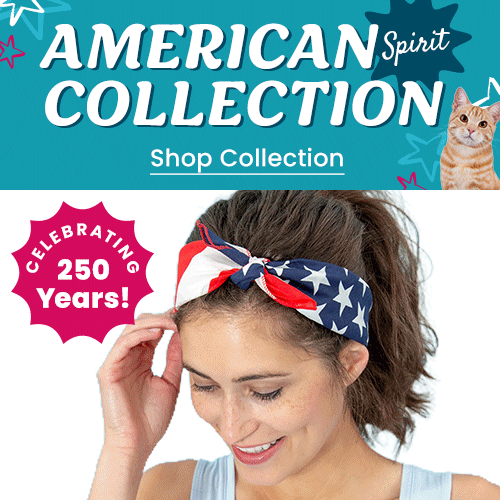 American Spirit Collection promotion from The Animal Rescue Site and GreaterGood. Proceeds help support shelter pets and more. Patriotic stars-and-stripes headband, Americana accessories, festive red white and blue fashion.