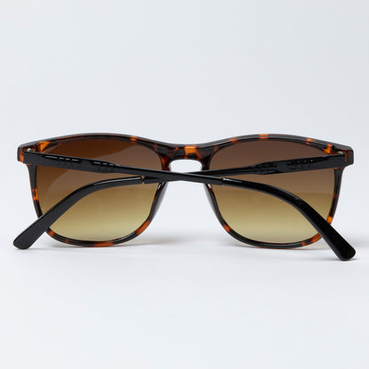 Sunglasses with tortoiseshell frame and brown lenses on a white background