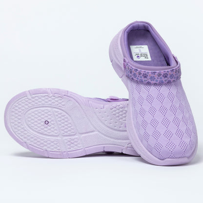 Pair of purple clog shoes on a white background