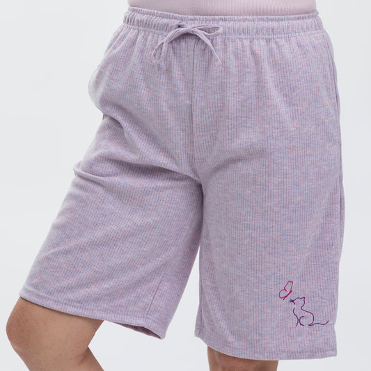 Soft Melange Cat & Butterfly Purple Rib Knit Shorts