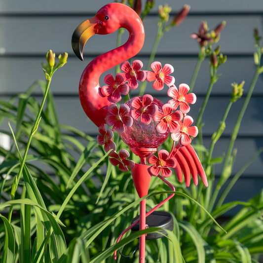 Lighted Solar Flamingo Garden Stake | Metal Flower Outdoor Decoration