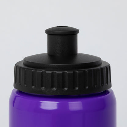 Close-up of a purple water bottle with a black screw-on cap and a black straw-style top insert, shown against a light gray background.