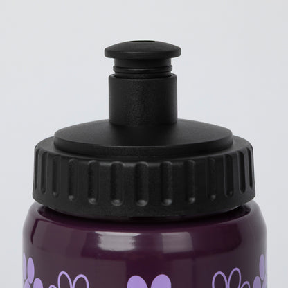 Close-up of a dark purple water bottle with a black flip-top lid and light purple heart pattern on a light gray background.