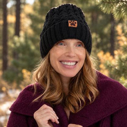 Cable Knit Paw Print Beanie Hat