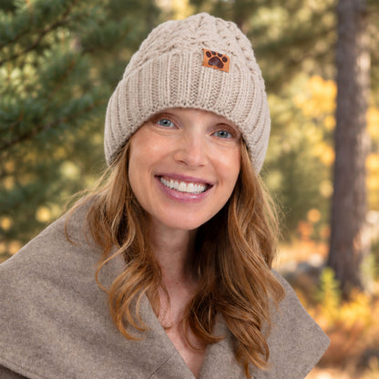 Cable Knit Paw Print Beanie Hat