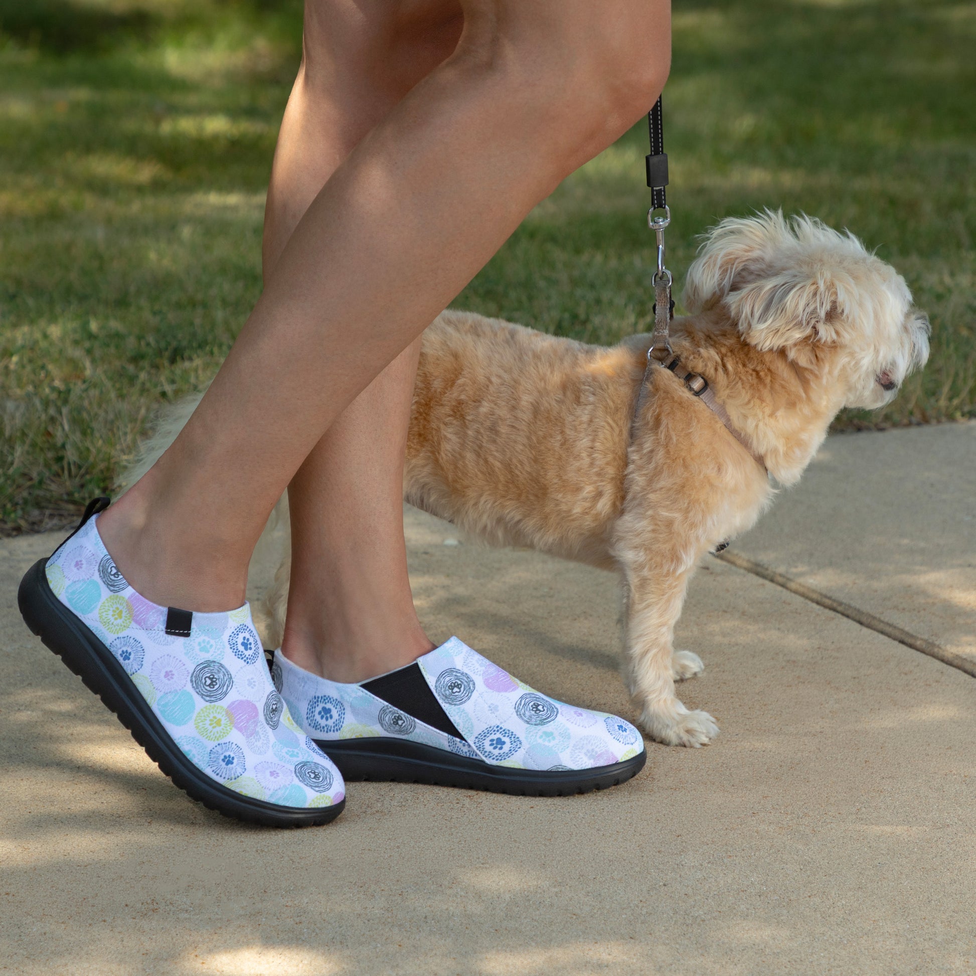 A person wearing pastel patterned slip-on shoes stands on a concrete path next to a small fluffy dog on a leash, with grass in the background.