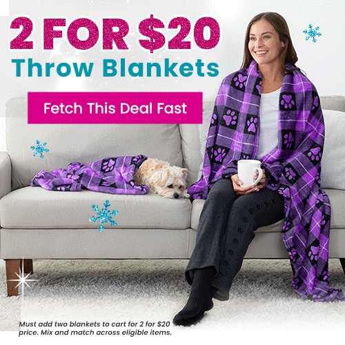 2 for $20 Throw Blankets donation from The Animal Rescue Site and GreaterGood, showing purple paw-print fleece throw blankets on sofa, promoting charitable shopping that supports animal-focused causes.