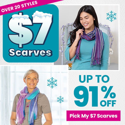 $7 Scarves promotion from The Animal Rescue Site and GreaterGood, featuring colorful lightweight scarves in purple and teal patterns, worn casually, with over 20 styles available and deep discounts.