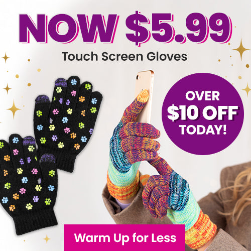 $5.99 Touch Screen Gloves promotion from The Animal Rescue Site and GreaterGood, featuring black paw-print gloves and rainbow knit gloves, warm winter accessories supporting charitable programs.