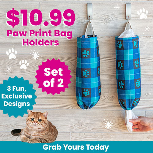 $10.99 Paw Print Bag Holders set from The Animal Rescue Site and GreaterGood, featuring blue plaid paw-print fabric bag dispensers, wall-mounted design, and pet-themed home accessories.