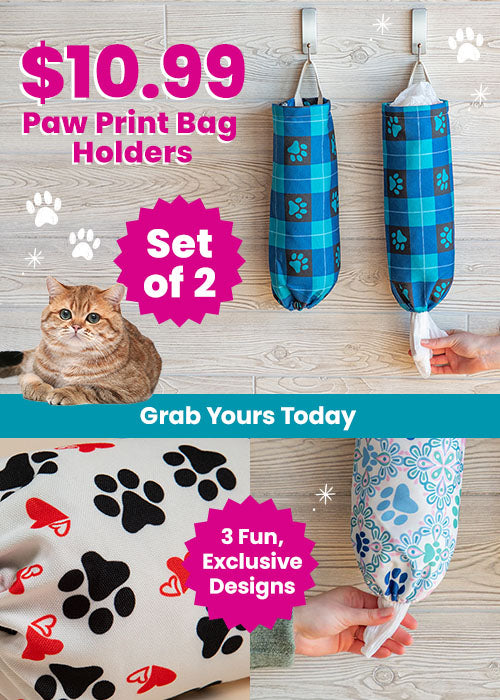 $10.99 Paw Print Bag Holders set from The Animal Rescue Site and GreaterGood, featuring blue plaid paw-print fabric bag dispensers, wall-mounted design, and pet-themed home accessories.
