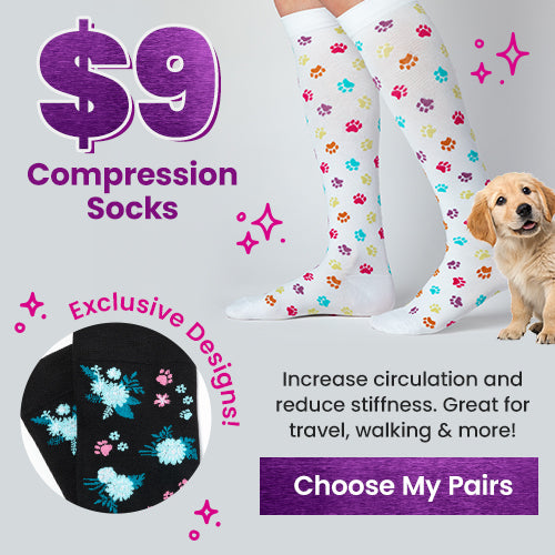 $9 Compression Socks promotion from The Animal Rescue Site and GreaterGood, featuring white knee-high socks with colorful paw-print patterns, highlighting comfort, circulation support, and exclusive designs.