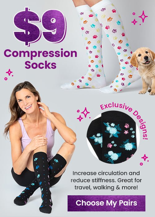 $9 Compression Socks promotion from The Animal Rescue Site and GreaterGood, featuring white knee-high socks with colorful paw-print patterns, highlighting comfort, circulation support, and exclusive designs.
