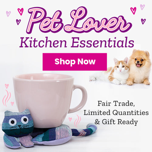 Pet Lover Kitchen Essentials donation from The Animal Rescue Site and GreaterGood, featuring ceramic mug and fabric cat coaster, supporting animal aid through meaningful giving.