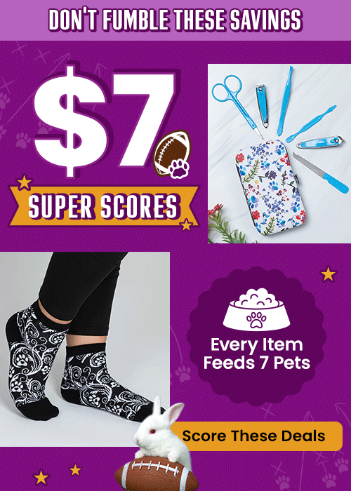 $7 Super Scores donation from The Animal Rescue Site and GreaterGood, featuring paw-print socks, blue grooming tools, and floral pouch, supporting pets in need through everyday purchases.