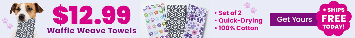 $12.99 Waffle Weave Towels donation from The Animal Rescue Site and GreaterGood, featuring paw-print cotton kitchen towels, set of two, quick-drying designs supporting compassionate giving.